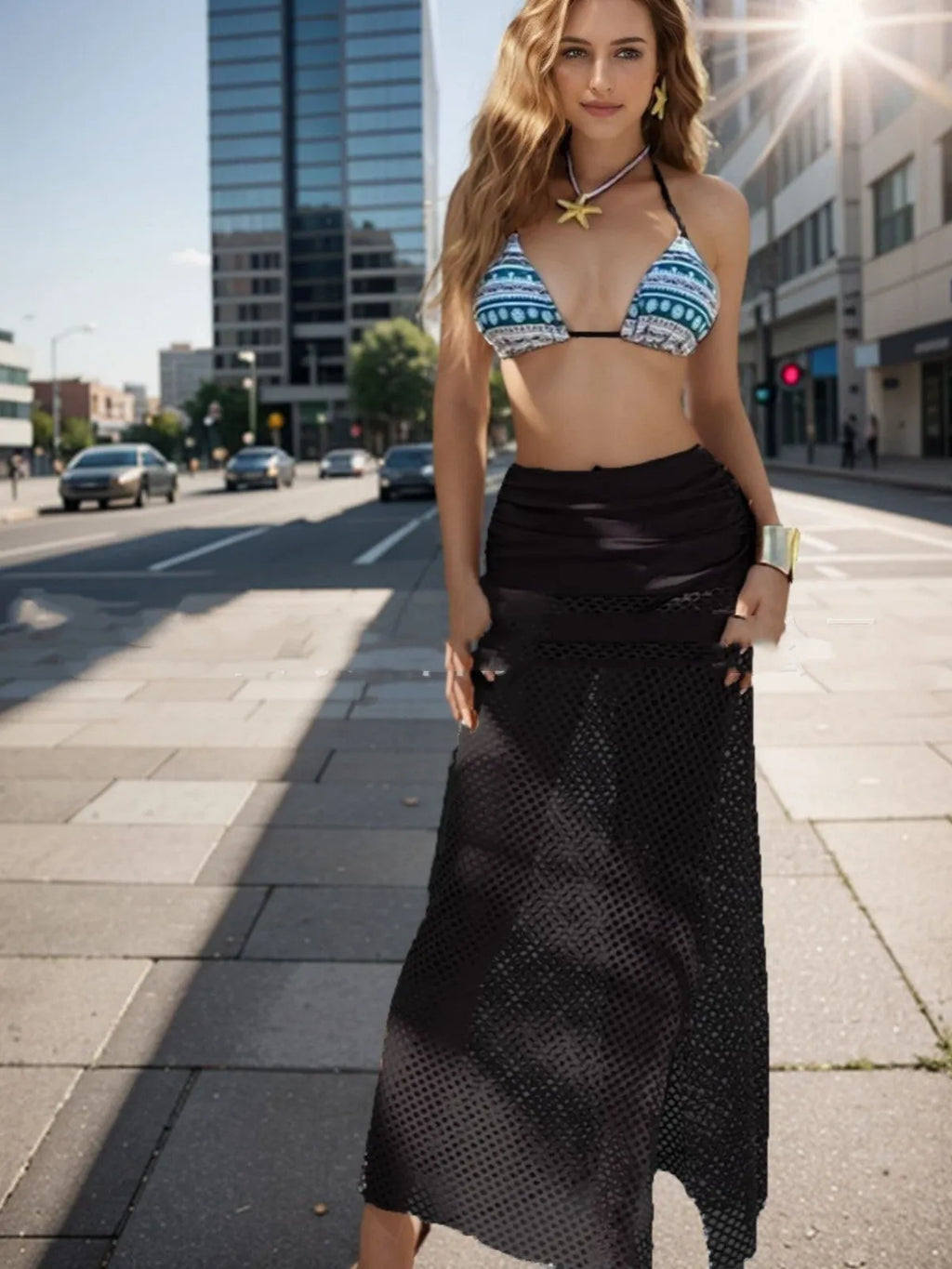 Brown women's three-piece bikini set with a fishnet long skirt on a mannequin.