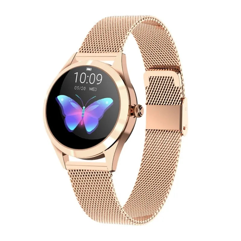 Women's sports smartwatch showing heart rate monitoring and waterproof features in black, silver, rose gold, and white colours