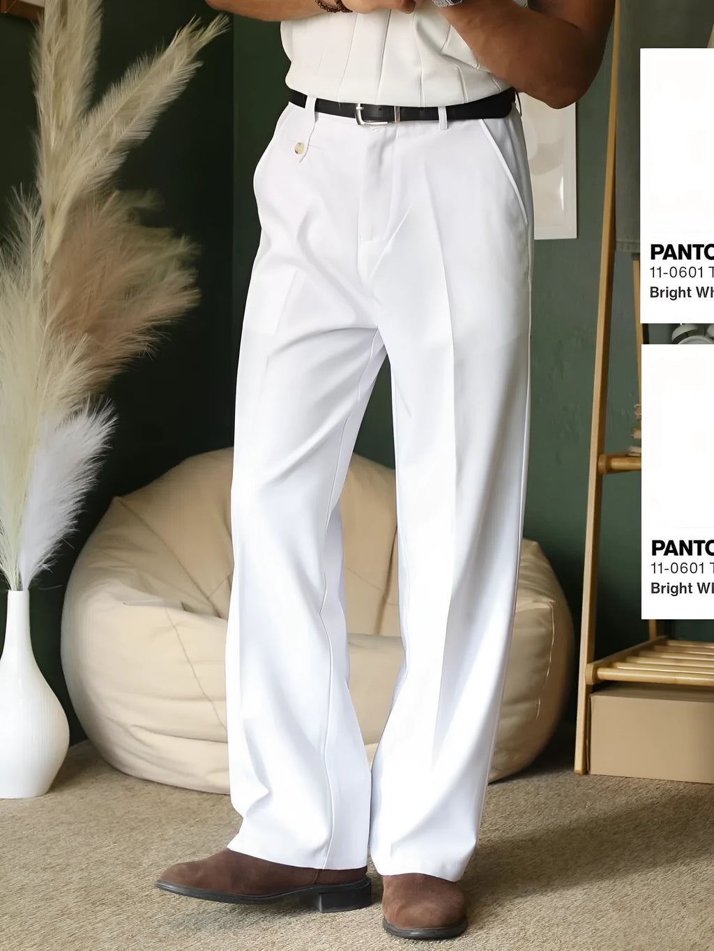 White high waist full-length women's trousers in polyester, regular fit, inelastic, sizes S to 2XL