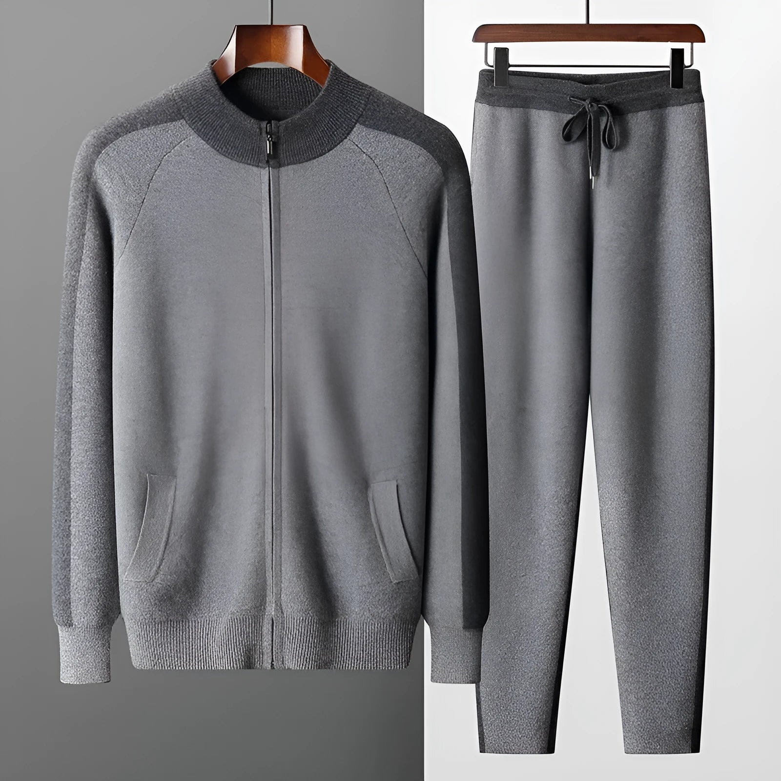 Men's cashmere wool blend sports cardigan suit with half turtleneck zipper top and matching trousers
