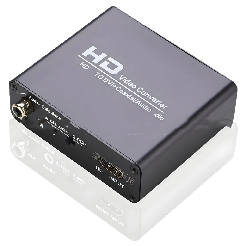 Black HDMI to DVI converter unit with a 1.5m cable and coaxial audio output port.