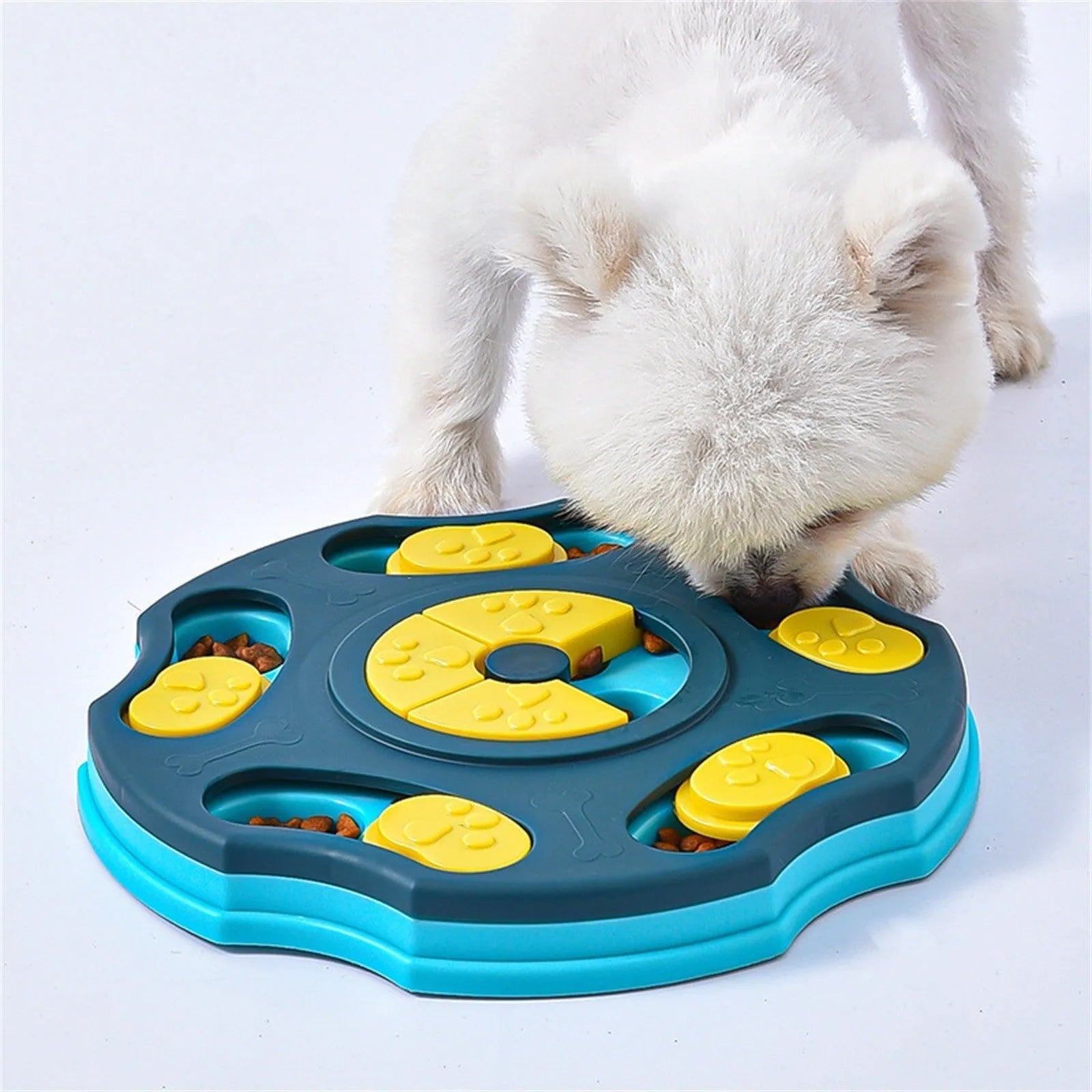 Blue dog puzzle feeder bowl with interactive game elements for slowing down fast-eating dogs