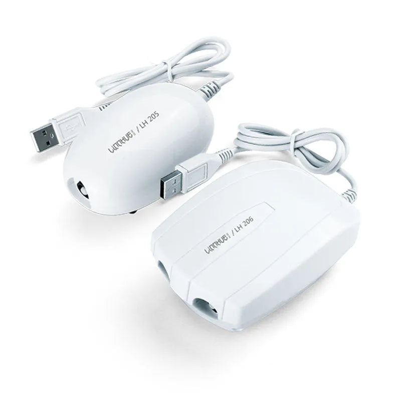 White aquarium air pump mini compressor with ABS shell, single outlet, steel clip, and air stone
