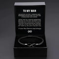 Men's retro stainless steel and handmade leather bracelet in black with engraved card gift box
