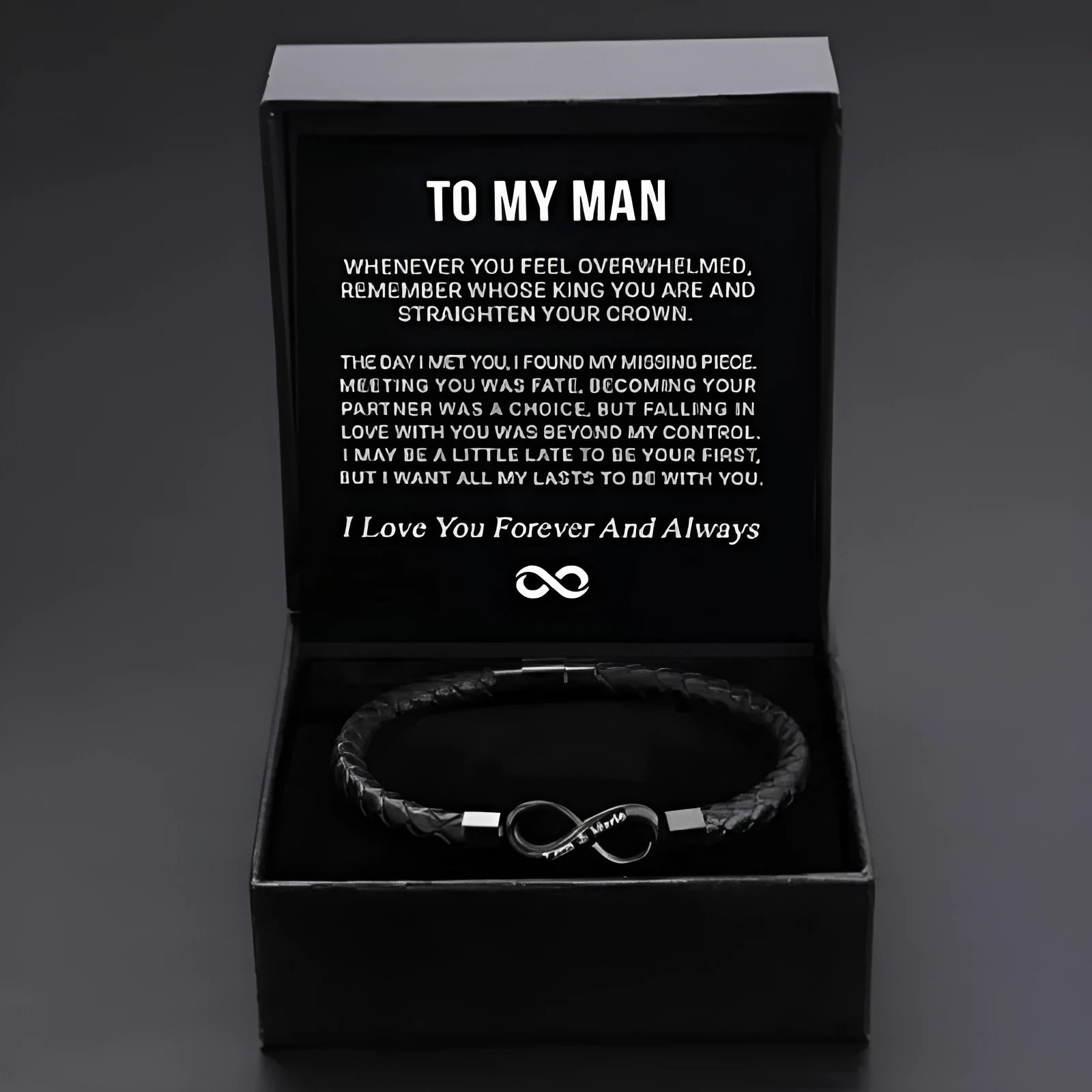 Men's retro stainless steel and handmade leather bracelet in black with engraved card gift box