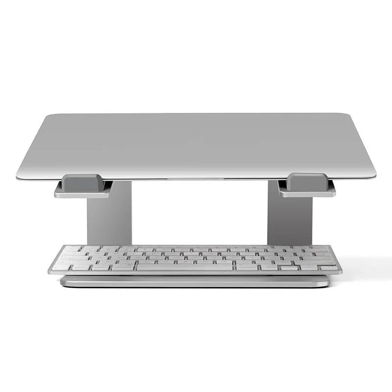 Black aluminium alloy laptop stand on desk showing dimensions and open-frame design