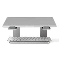 Black aluminium alloy laptop stand on desk showing dimensions and open-frame design