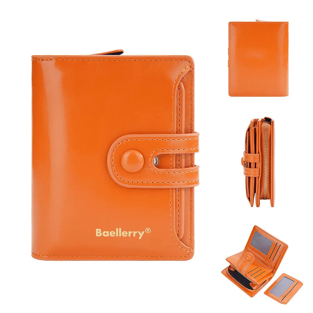A compact PU leather women's wallet in one of eight available colours, showing a card holder design.
