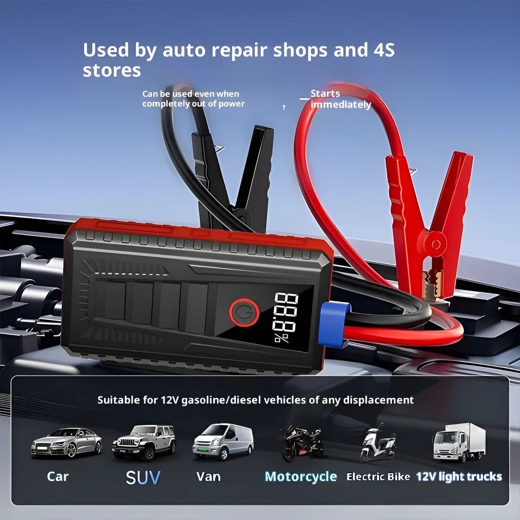 Car emergency jump starter power supply with 1500mAh battery, 1000A peak current, 14.8V, 60W, compact 15.7cm