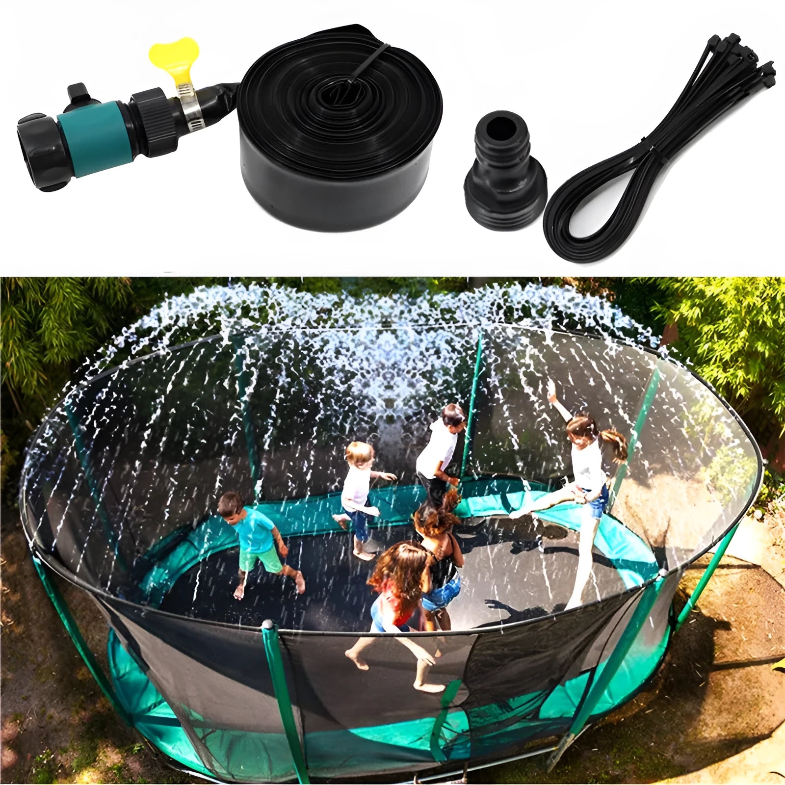 Blue portable PVC garden sprinkler with solar water cooling feature laid out on grass.
