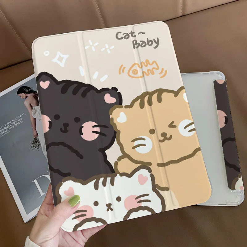 Flat silicone tri-fold protective case for iPad with cartoon rabbit design shown in standing position.