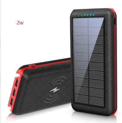 Solar power bank with wireless charging surface, three USB ports, and LED flashlight in black colour