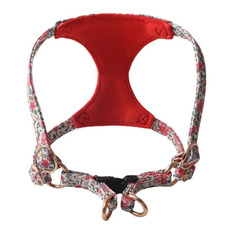 Floral pattern pet harness with matching leash in cloth material showing colour options and single chest back design