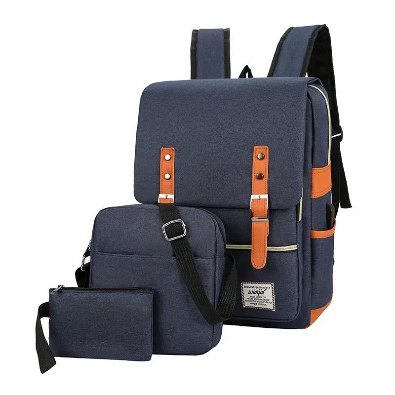 Three-piece Oxford cloth business backpack in black with curved shoulder straps