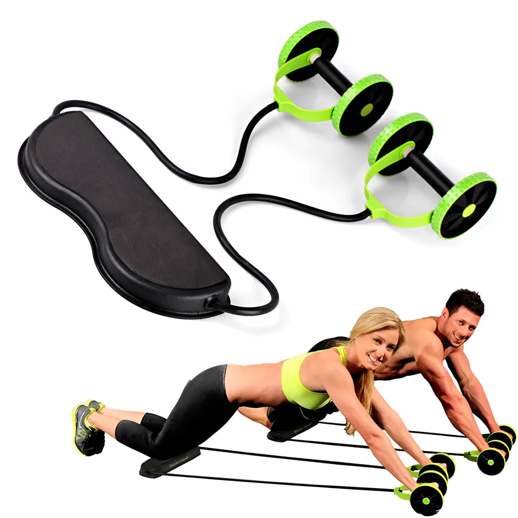 Double-wheeled green abdominal rally wheel with pull rope on floor for core exercises