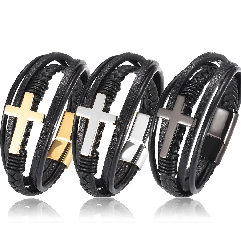 Multi-layer braided stainless steel cross men's unisex bracelet in gold colour with electroplated finish