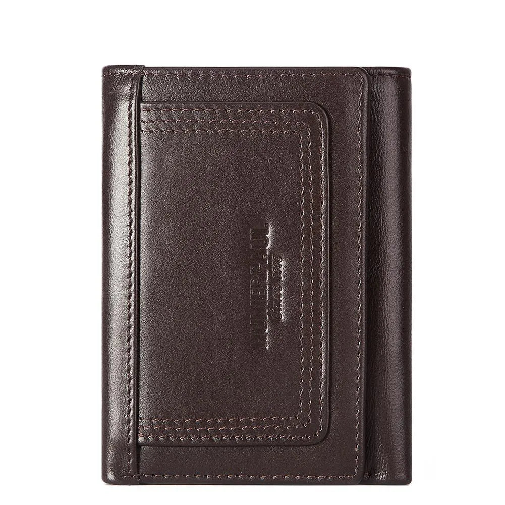 Multi-slot men's genuine leather zipper bag coin purse in brown with visible stitching and metal zipper
