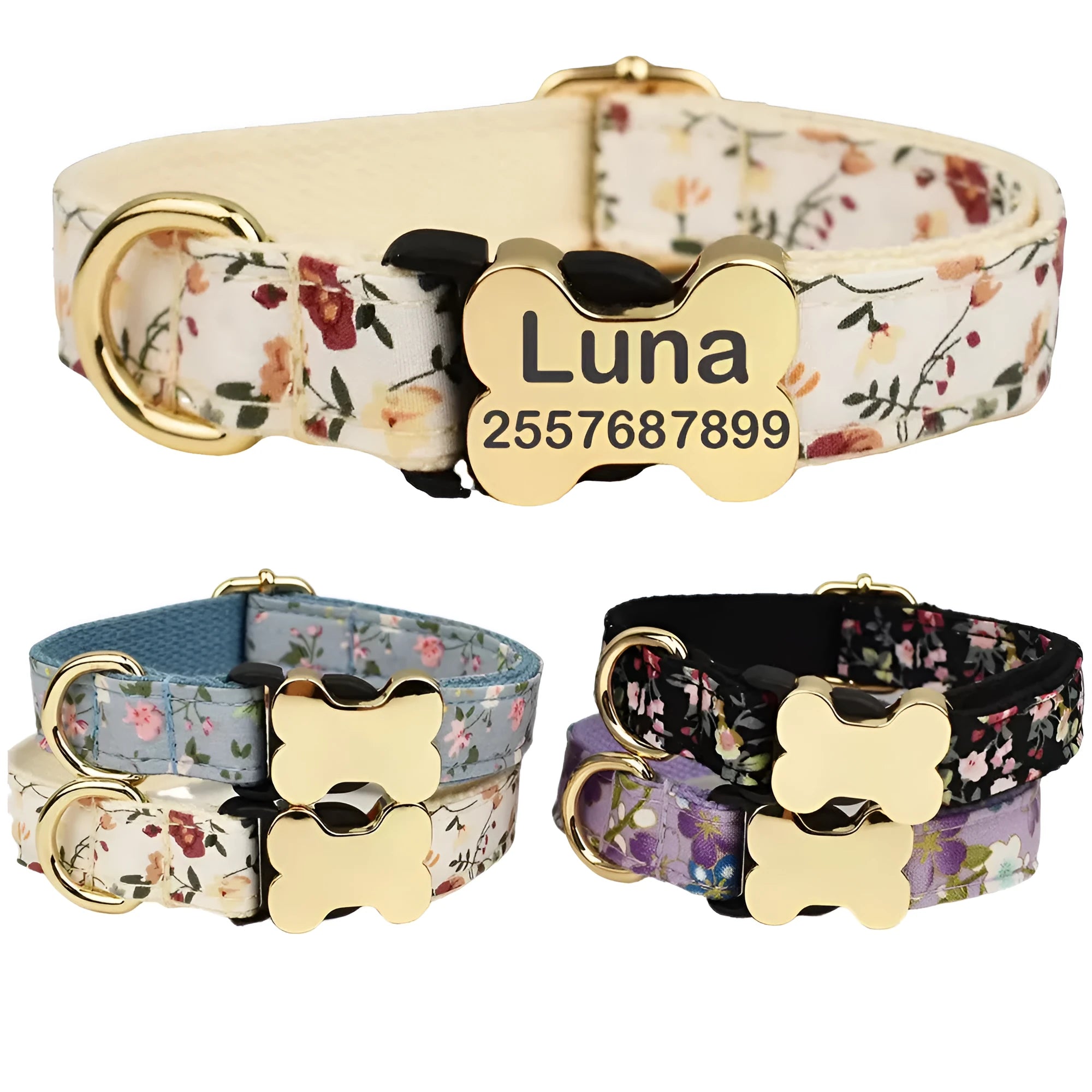 Flat nylon dog collar with a printed grid design and a bone-shaped metal buckle in assorted colours.