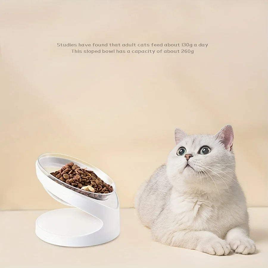 White clear plastic elevated cat food bowl with tilted ergonomic design for neck protection.