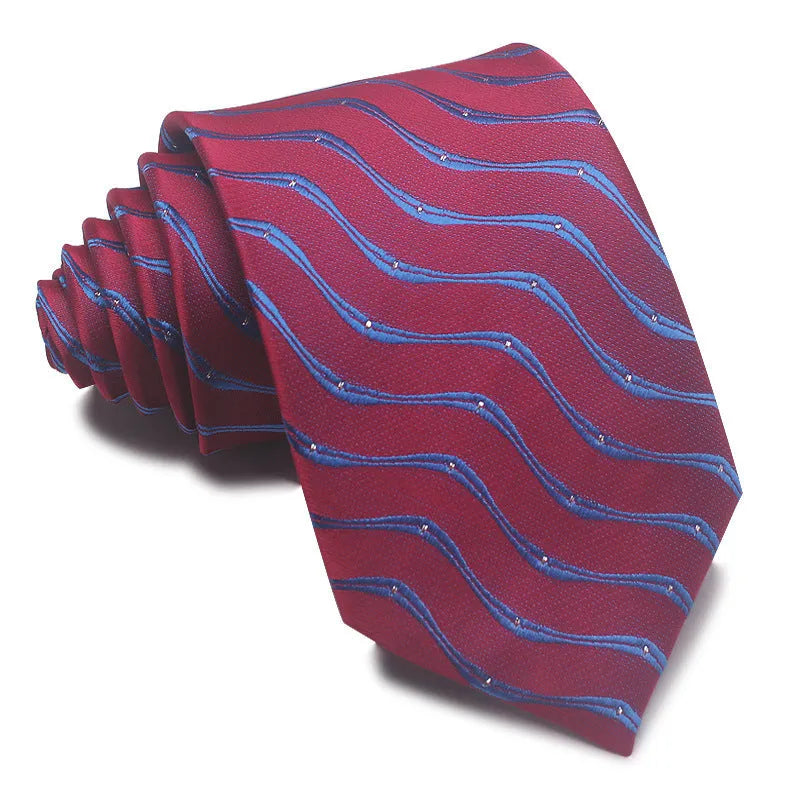 Men's striped jacquard business tie in red, showing arrow head shape and 8cm width.