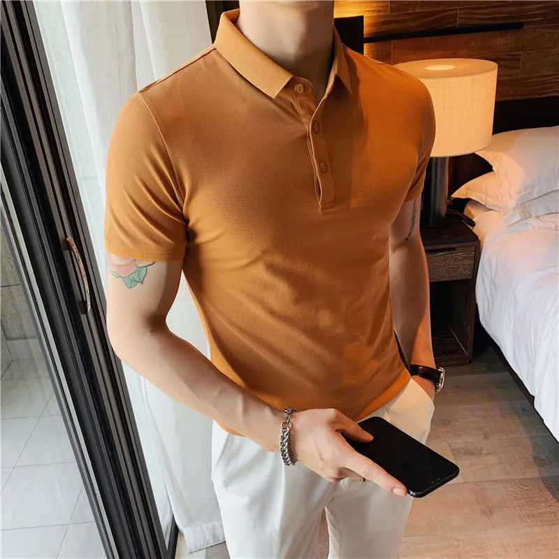 Korean tight fit solid colour polo shirt with lapels and short sleeves in cotton blend fabric