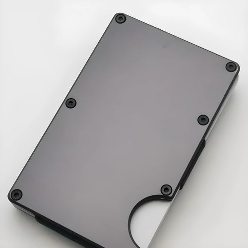 Aluminium grey carbon fibre wallet showing 7 card slots and RFID blocking protection