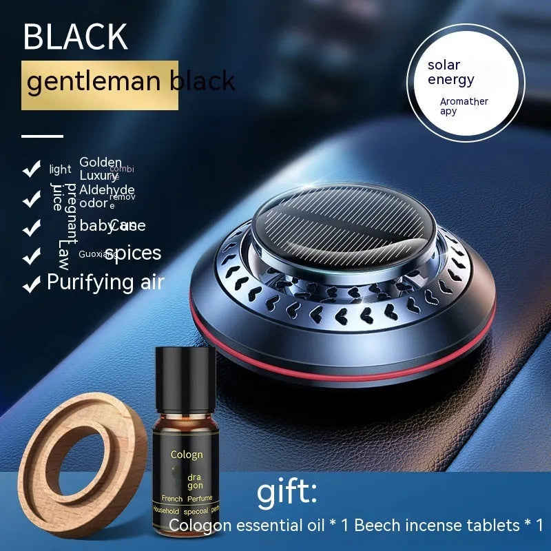 Solar-powered car air freshener with aluminium alloy case in black, red, or silver colours