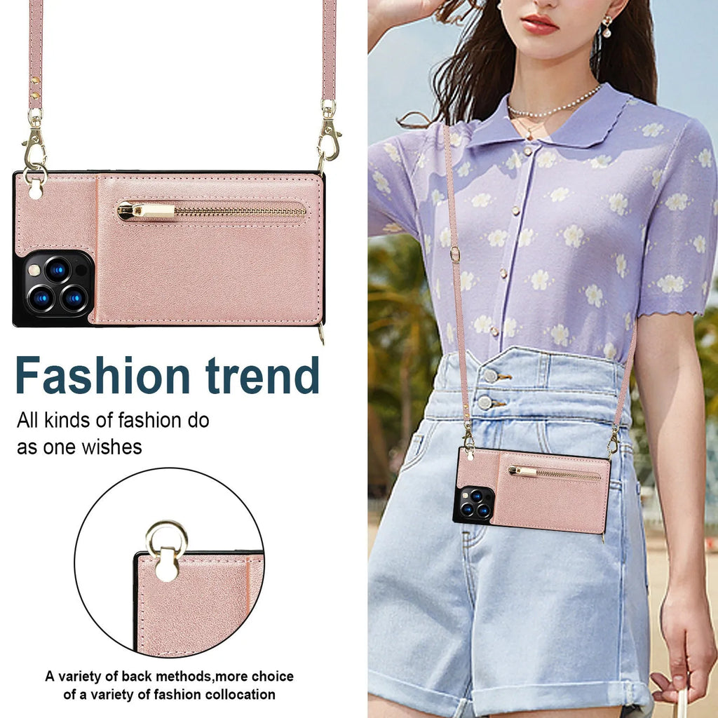 Crossbody TPU leather phone case with lanyard for iPhone 15 series, available in multiple colours