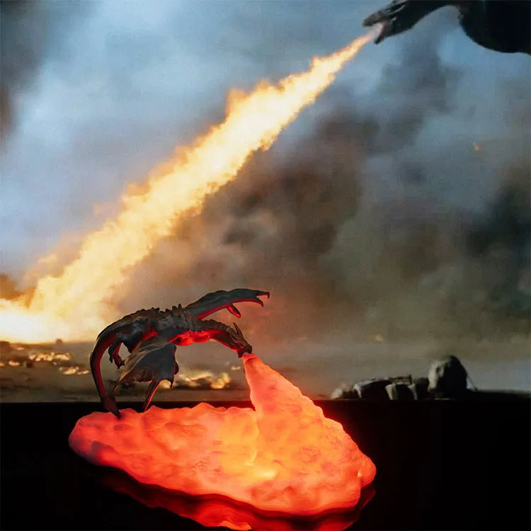 3D printed dragon night light with warm red breathing effect and USB charging cable