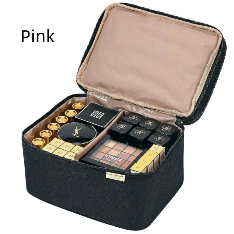 Portable double layer cosmetics bag in peach fabric leather, available in black and pink for home storage