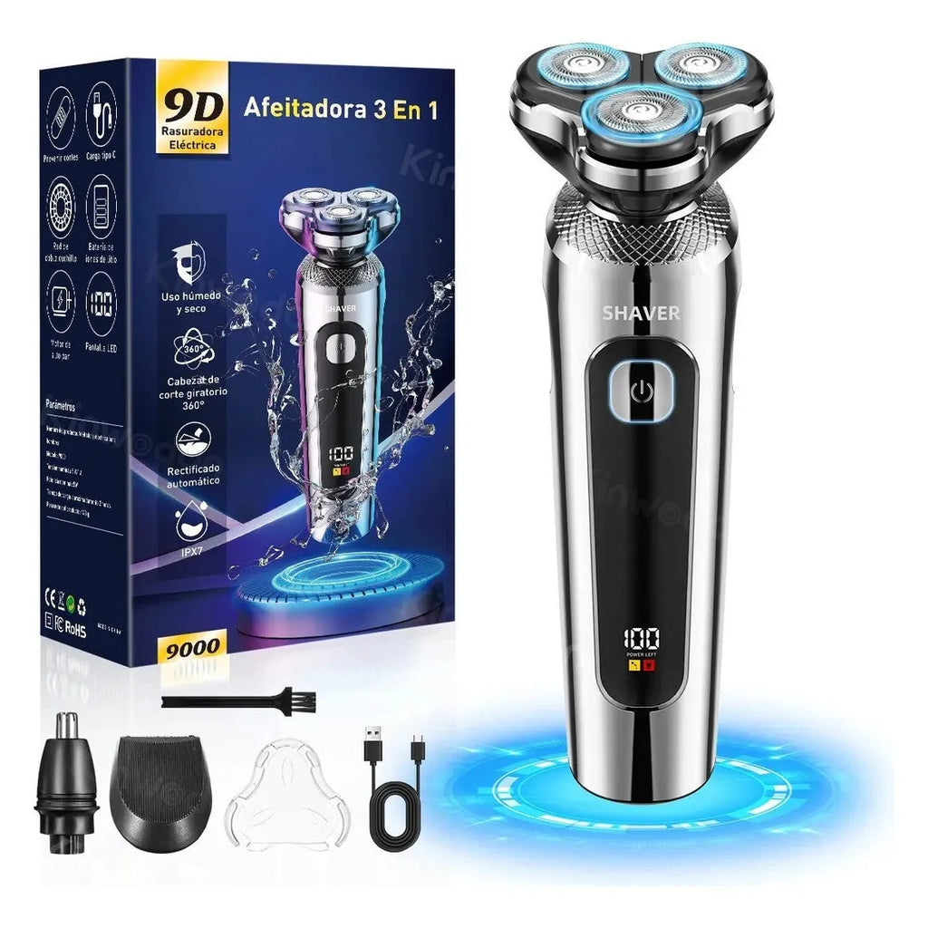 USB rechargeable beard trimmer with digital LED display on a five-in-one base bracket.