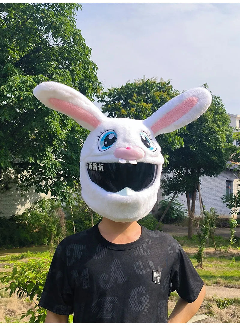 White decorative rabbit head helmet cover for electric motorcycles with long ears