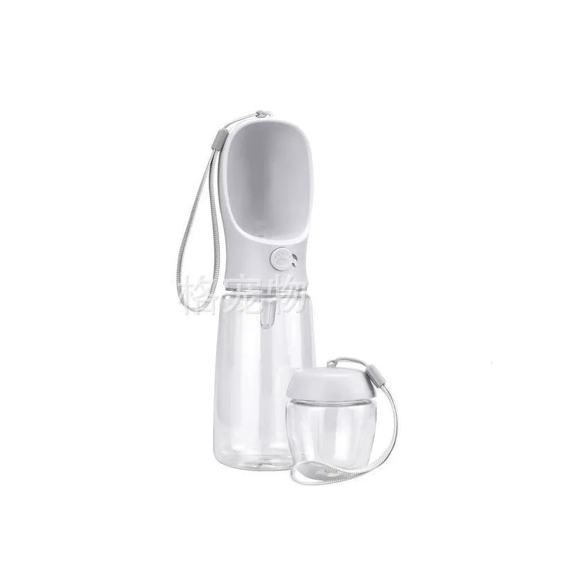 Blue portable dog water bottle with dual drinking and grain compartments