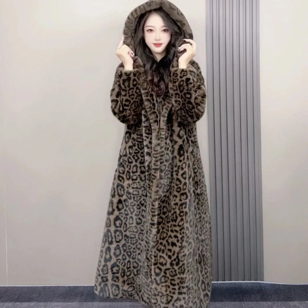 Long brown leopard print faux fur coat for women in a loose plus-size fit.