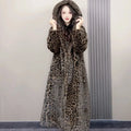 Long brown leopard print faux fur coat for women in a loose plus-size fit.