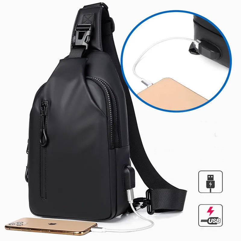 Black sling crossbody backpack for men with zipper and polyester lining, vertical square shape, solid colour design