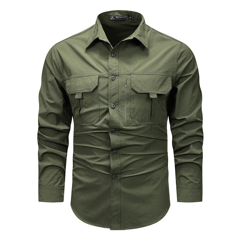 Men's long-sleeved solid colour casual shirt in khaki, regular fit, nylon-blend fabric