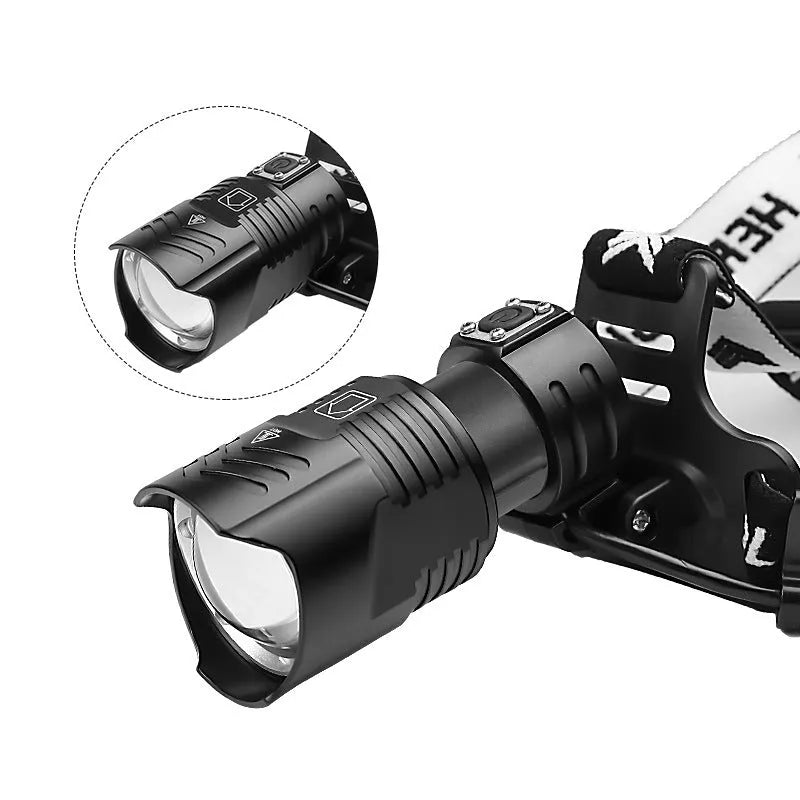 Black aluminium alloy USB rechargeable zoom headlight with telescopic adjustment and power display