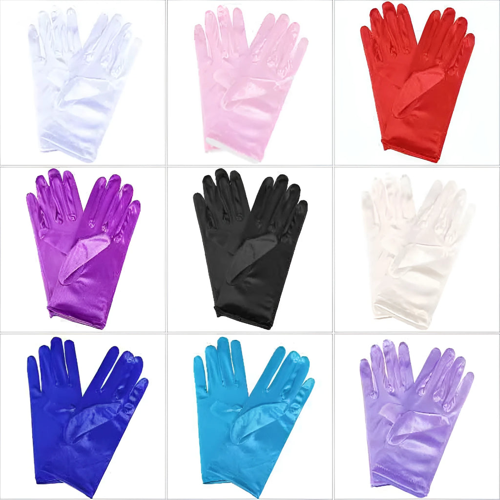Short satin bridal wedding gloves with fingers for women in multiple colours including white and red