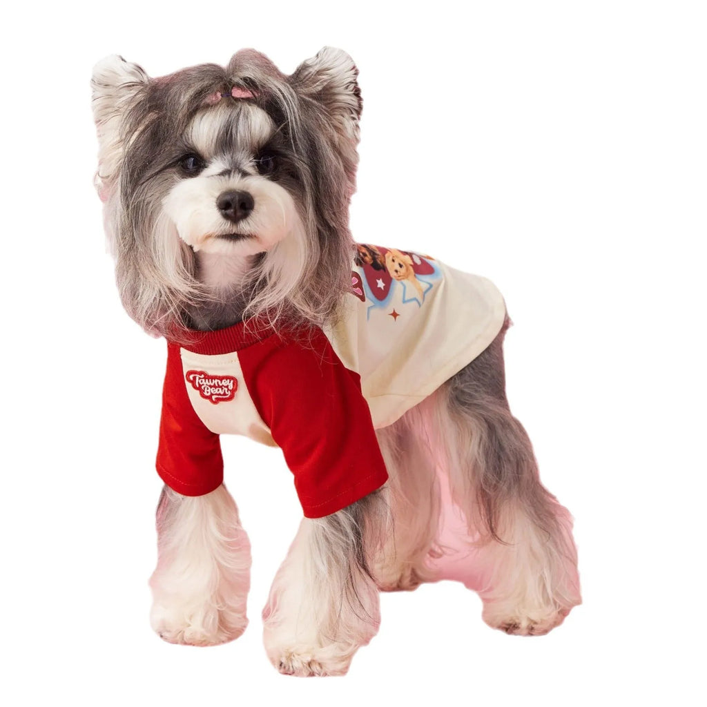 Red embroidered cotton dog clothing for summer in size medium on mannequin