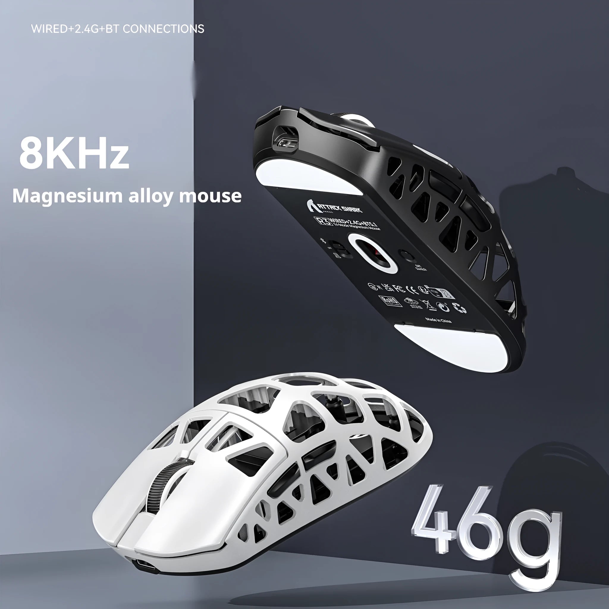 Attack Shark R3 magnesium alloy 8K wireless gaming mouse in white, showing top view with three touch buttons and compact 119.5x61x36mm size