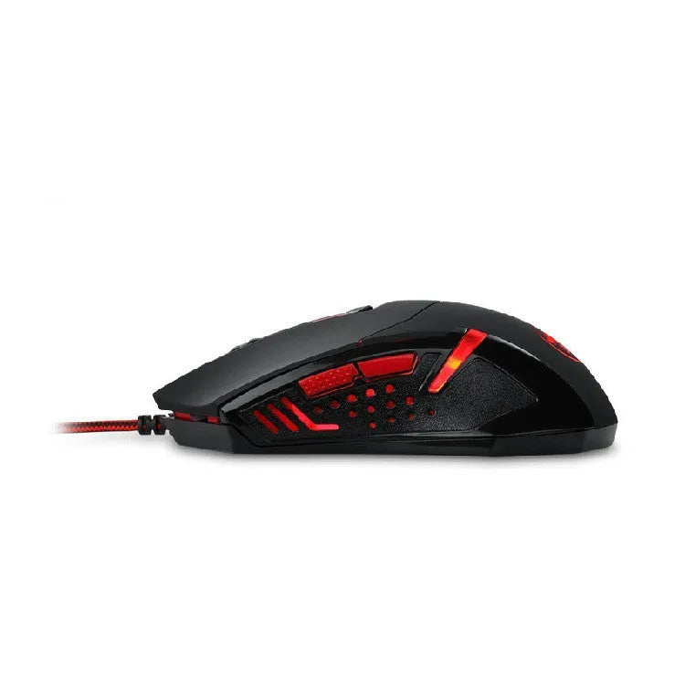 Black and red wired USB gaming mouse with six buttons and ergonomic shape on a desktop.