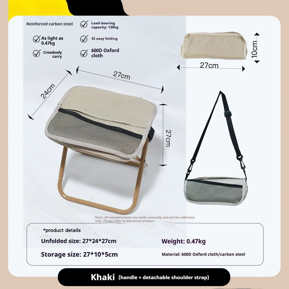 A folded Oxford cloth camping stool in khaki with its attached crossbody carry bag, shown next to an unfolded version.