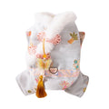 Light blue cheongsam pet coat with embroidered floral motifs, butterfly ornament, golden tassel, faux fur trim, and metal leash ring