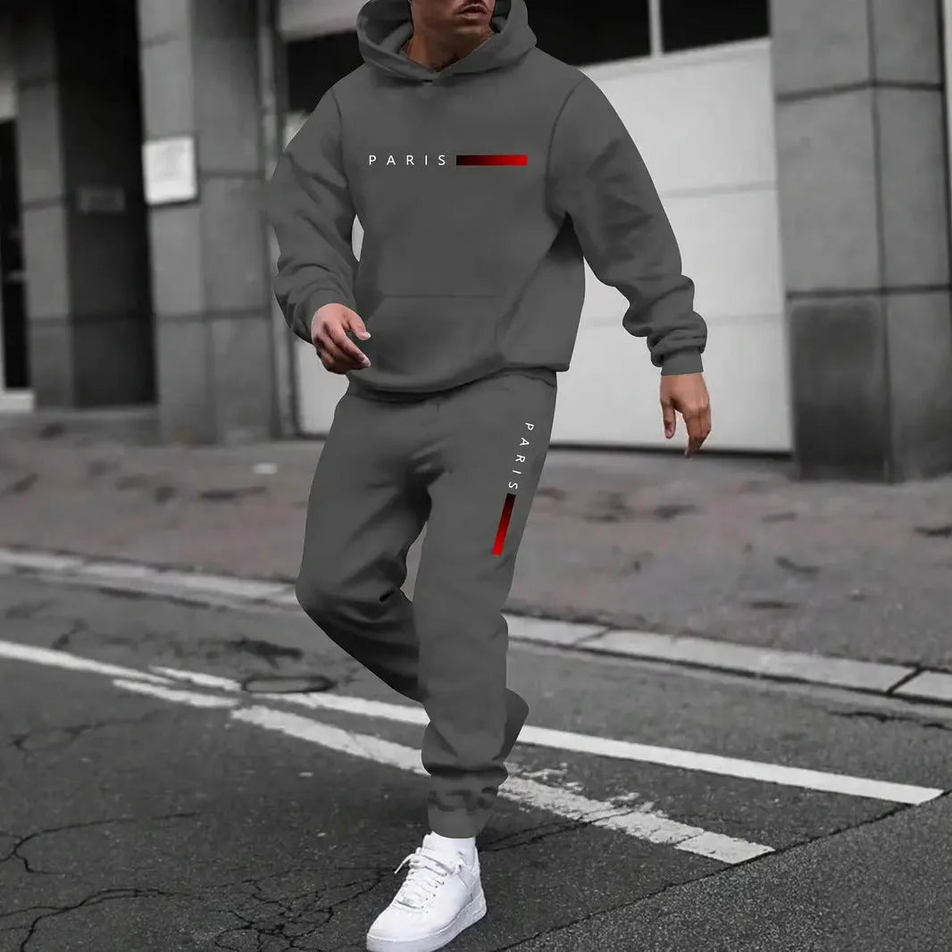 Men's printed hooded autumn tracksuit set with matching trousers in polyester fibre