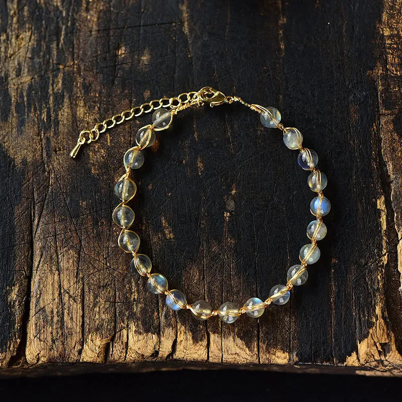 Women's natural crystal bracelet with 6mm moonstone beads and 14k gilded metal accents