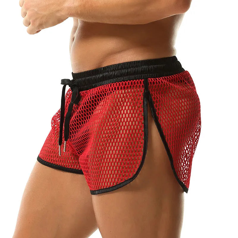 Men's solid colour loose boxer shorts in black, white, gray, or red on a size chart