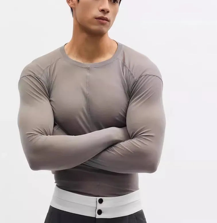 Black slim-fit PU mesh pullover with see-through texture and long sleeves