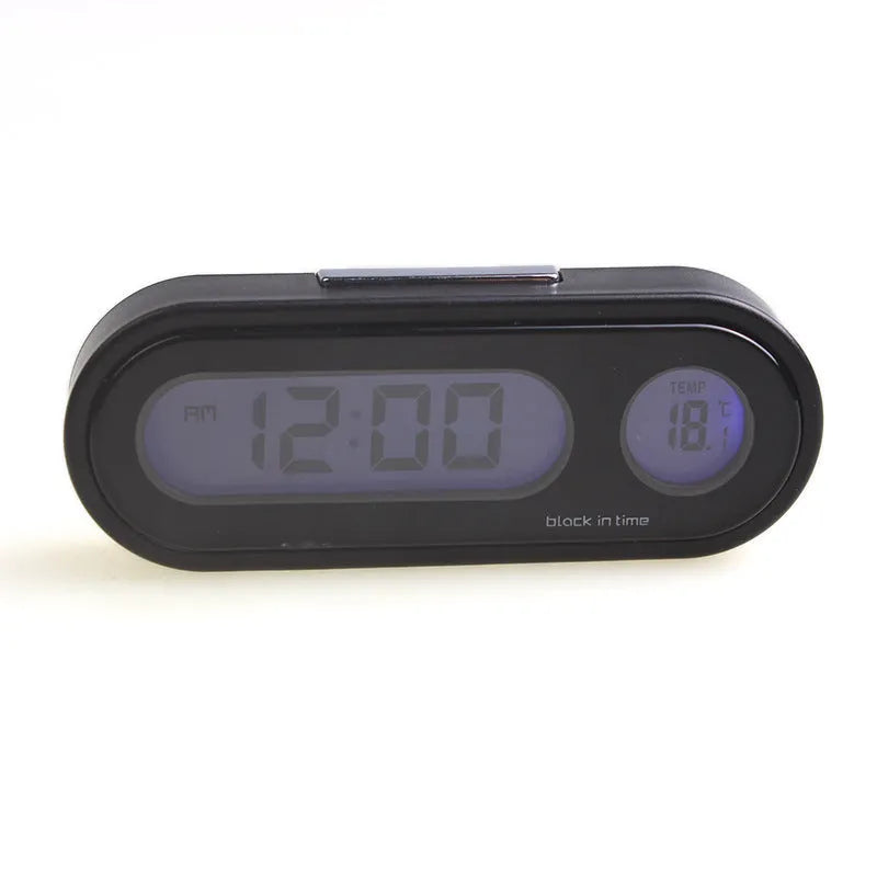 Black electronic car clock and thermometer with LED display on an adjustable bracket.