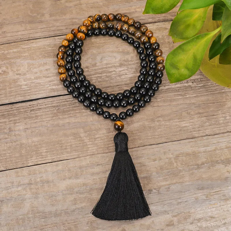 Tiger eye stone tassel pendant on ball bead chain necklace bracelet with drop shape design
